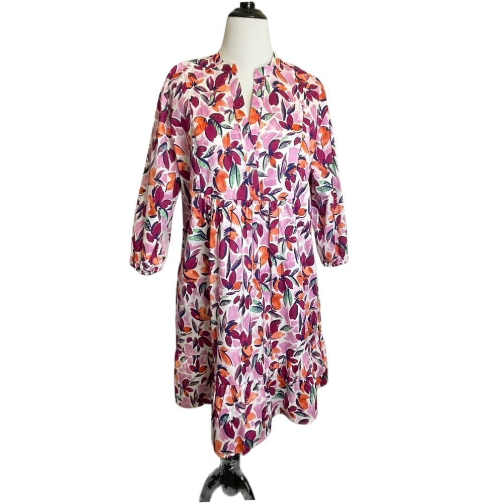 Donna Morgan Cassie Floral Cotton Puff Sleeve Dress Size 14 Pockets